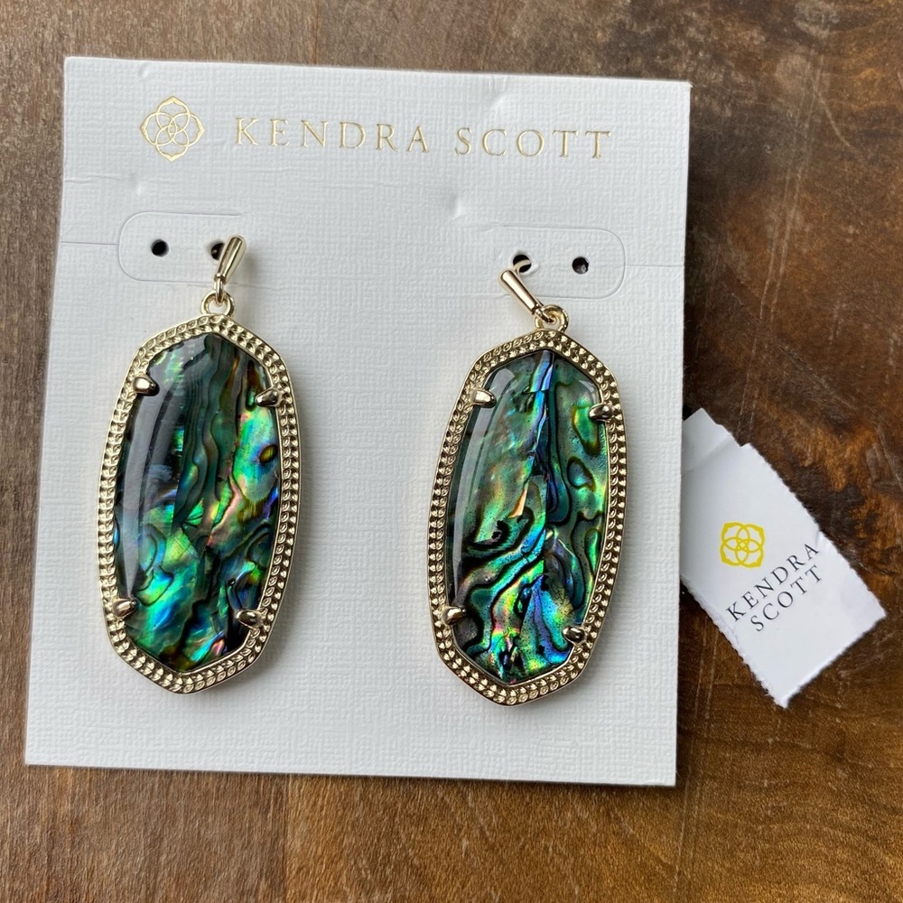 NWT Kendra Scott Elle Gold Drop Earrings Abalone Shell 14K Plated Custom Green